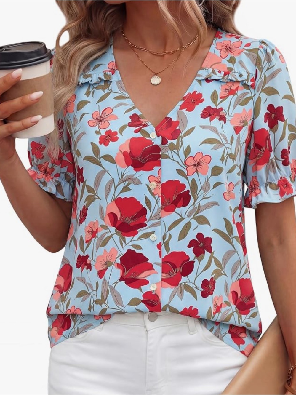 PRETTYGARDEN Women's Boho Floral V-Neck Blouse medium